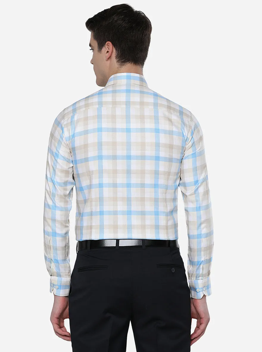 Beige & Blue Checked Slim Fit Formal Shirt | JadeBlue