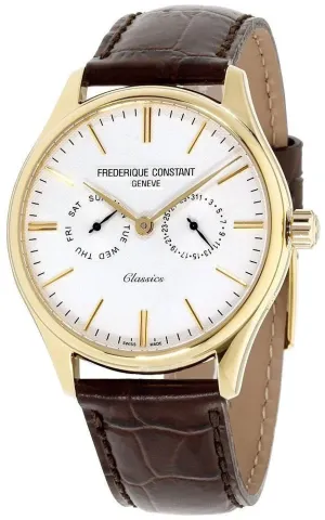 Frederique Constant Classics Gold Plated Steel Silver Dial Brown Leather Strap Day/Date Quartz Mens Watch FC-259ST5B5