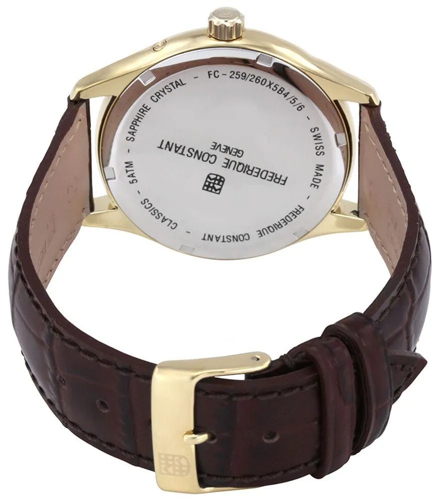 Frederique Constant Classics Gold Plated Steel Silver Dial Brown Leather Strap Day/Date Quartz Mens Watch FC-259ST5B5