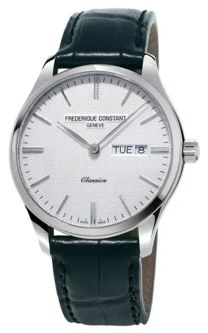 Frederique Constant Classics Stainless Steel Silver Dial Black Leather Strap Day/Date Quartz Mens Watch FC-225ST5B6