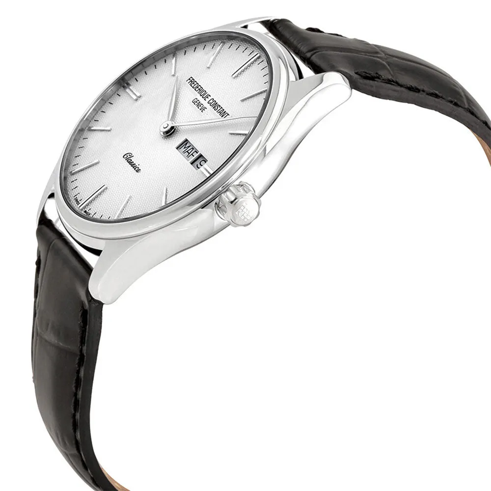 Frederique Constant Classics Stainless Steel Silver Dial Black Leather Strap Day/Date Quartz Mens Watch FC-225ST5B6