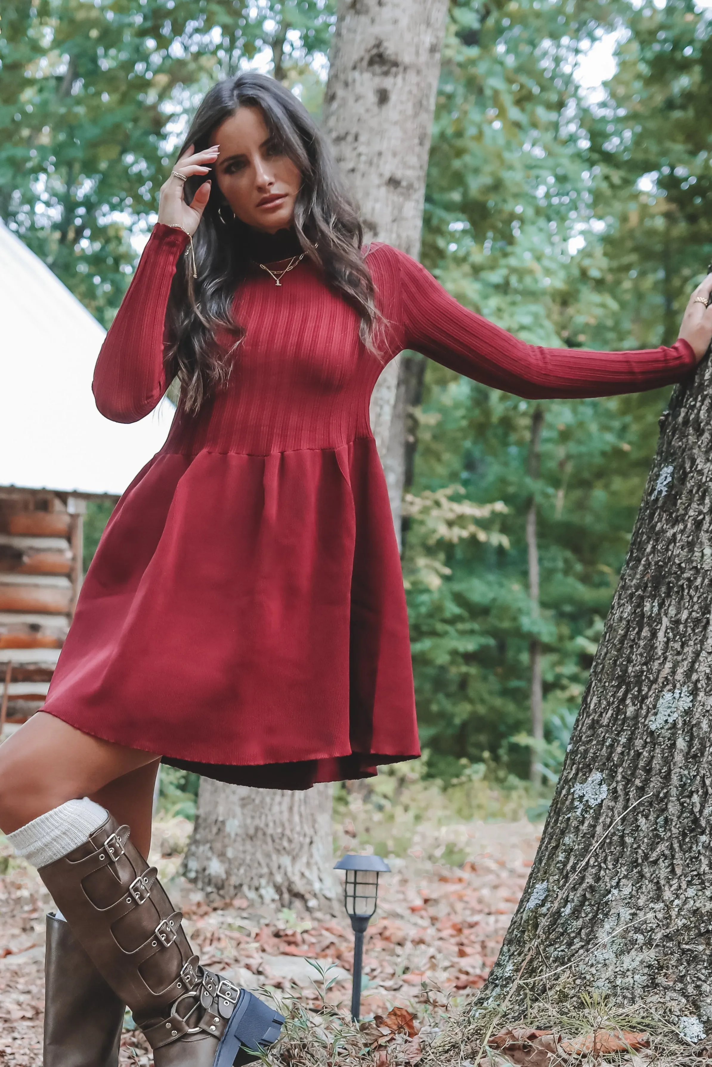 Very Cutesy Very Cabin Long Sleeve Sweater Dress